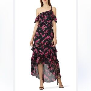 Rachel Zoe Jillian Midi Flowy Dress Ruffle Tiered Black Pink Floral Size 4